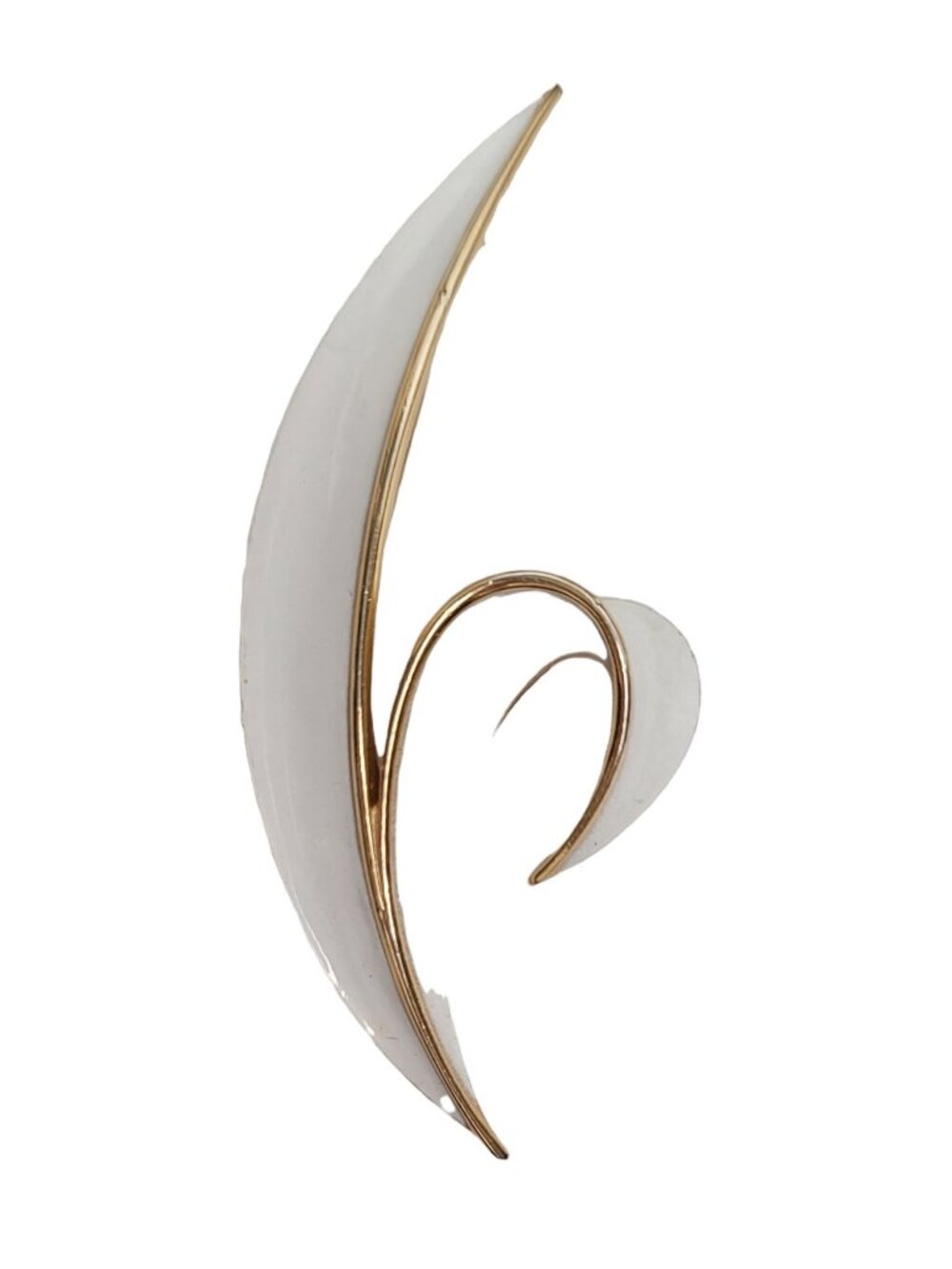 Trifari Crown Over T Gold-Tone Large White Enamel Double Leaf Brooch Pin, Signed